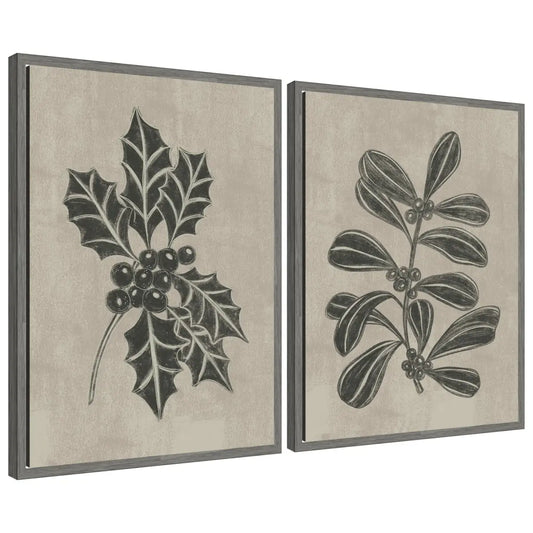 Canvas Art Print Set of 2 - Winter Holly and Berries by Nikita Jariwala - kateandlaurel