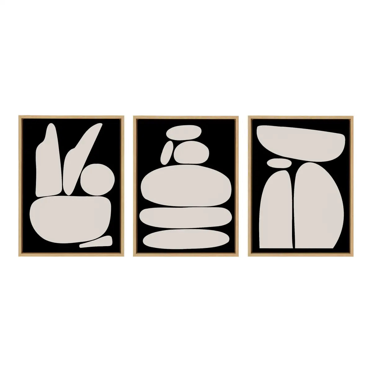 Framed Canvas Set of 3 - Zen Rock Garden Black and Tan - kateandlaurel