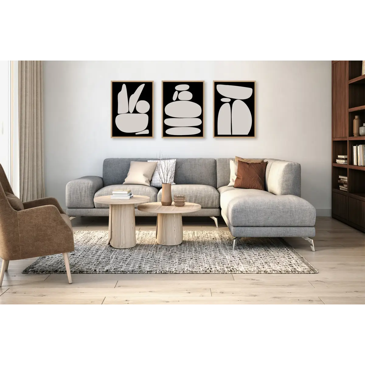 Framed Canvas Set of 3 - Zen Rock Garden Black and Tan - kateandlaurel