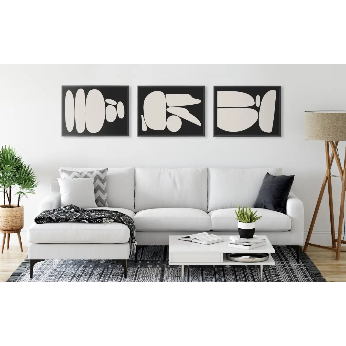 Framed Canvas Set of 3 - Zen Rock Garden Black and Tan - kateandlaurel