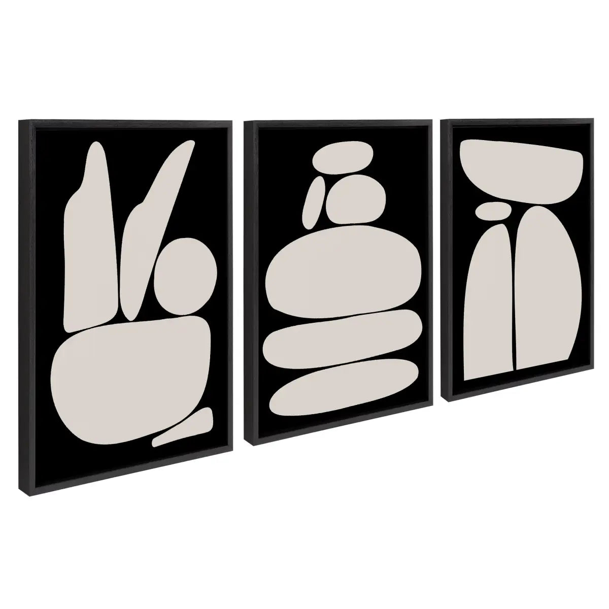 Framed Canvas Set of 3 - Zen Rock Garden Black and Tan - Black - kateandlaurel