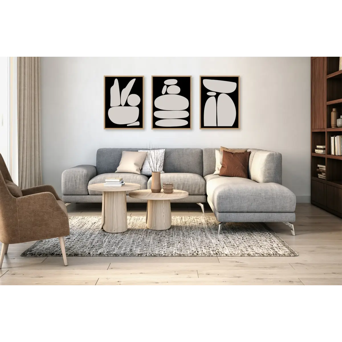 Framed Canvas Set of 3 - Zen Rock Garden Black and Tan - kateandlaurel