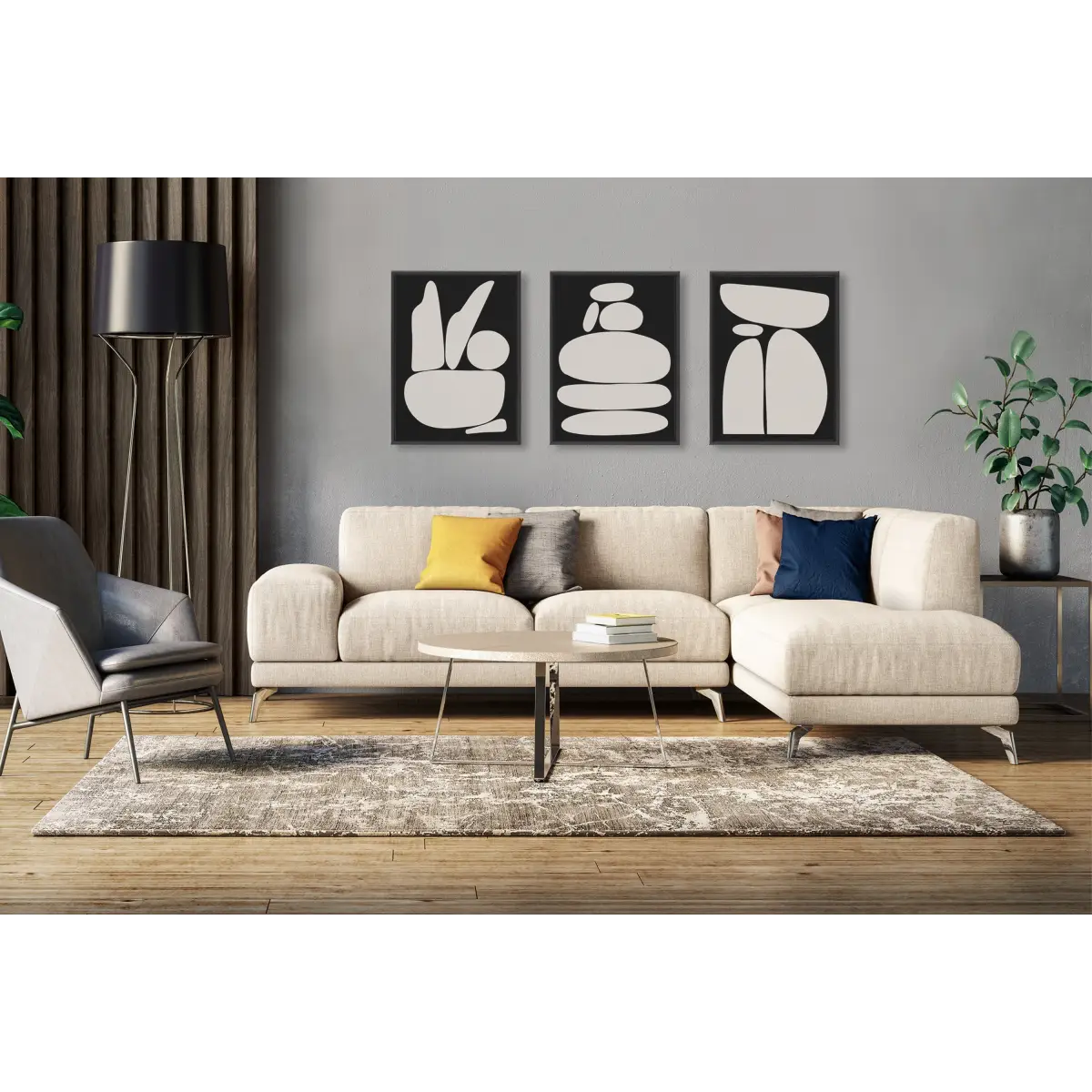 Framed Canvas Set of 3 - Zen Rock Garden Black and Tan - kateandlaurel