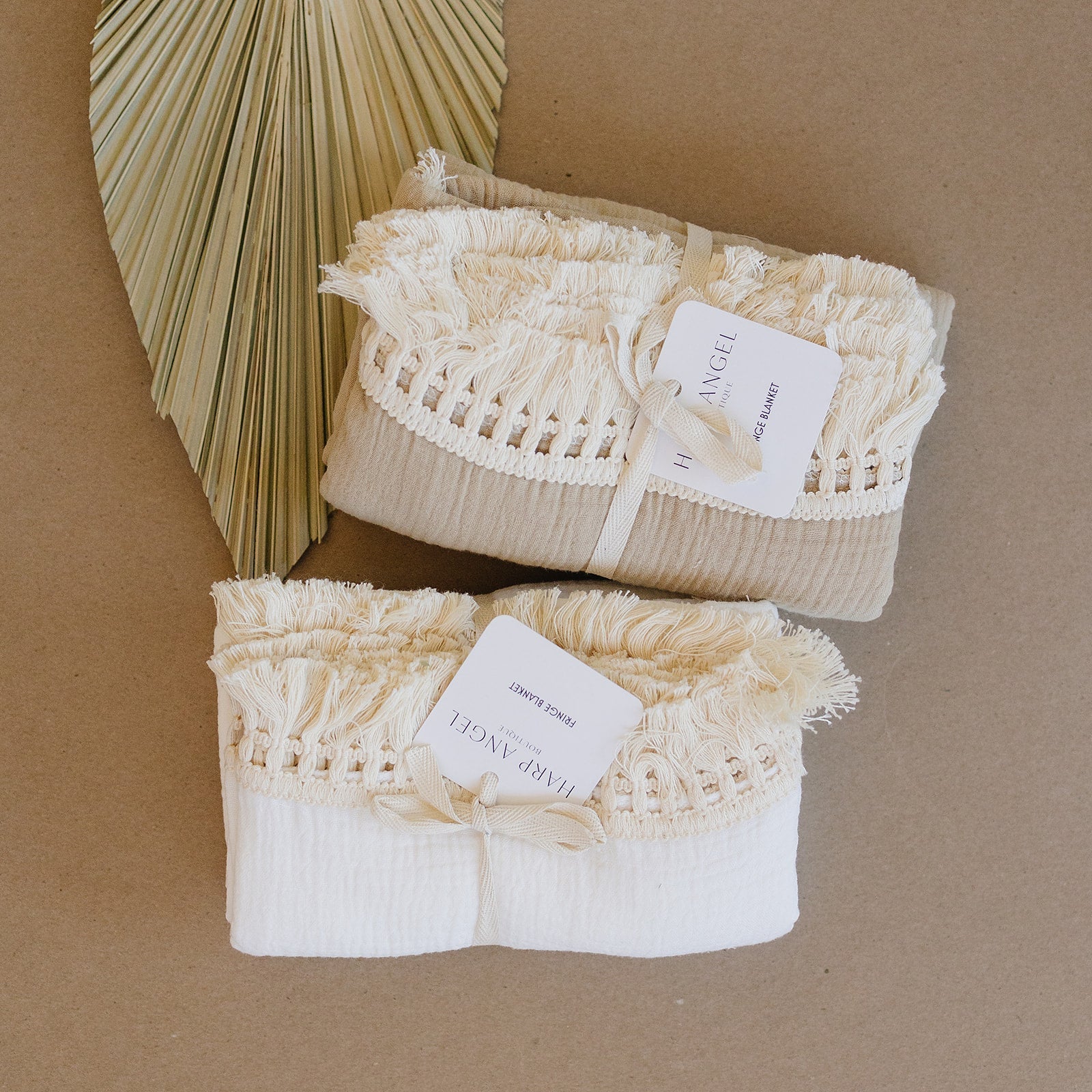 Fringe Swaddle Blanket - Tan - Harp Angel Boutique