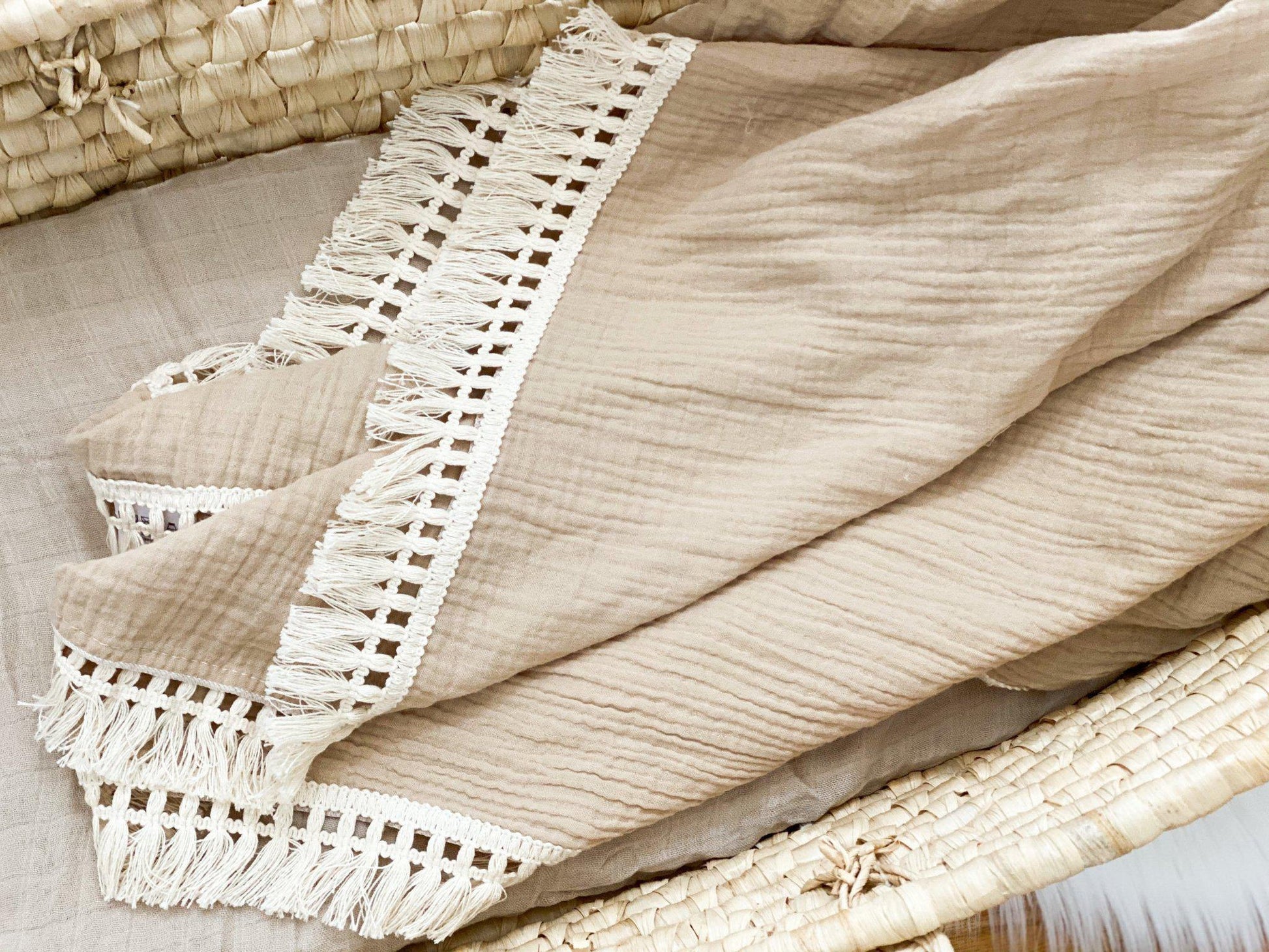 Fringe Swaddle Blanket - Tan - Harp Angel Boutique