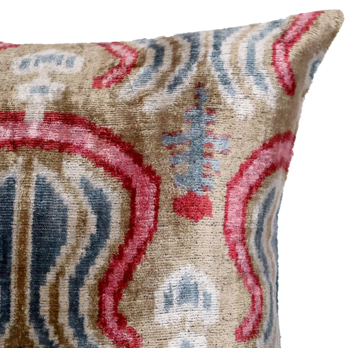 Taupe Blue Red Silk Velvet Pillow – 20x20 Handmade Ikat Luxury Cushion - Canvello
