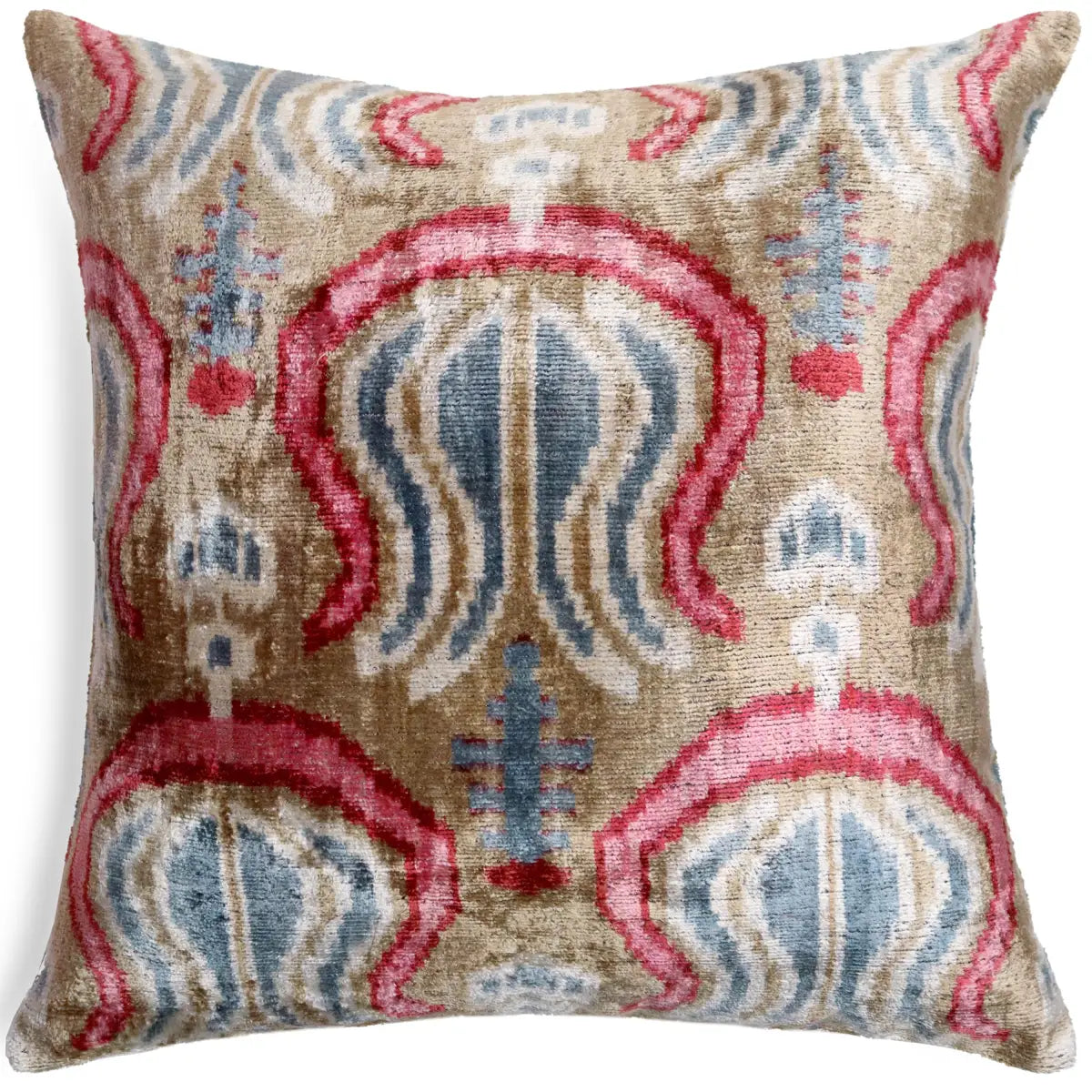 Taupe Blue Red Silk Velvet Pillow – 20x20 Handmade Ikat Luxury Cushion - Canvello