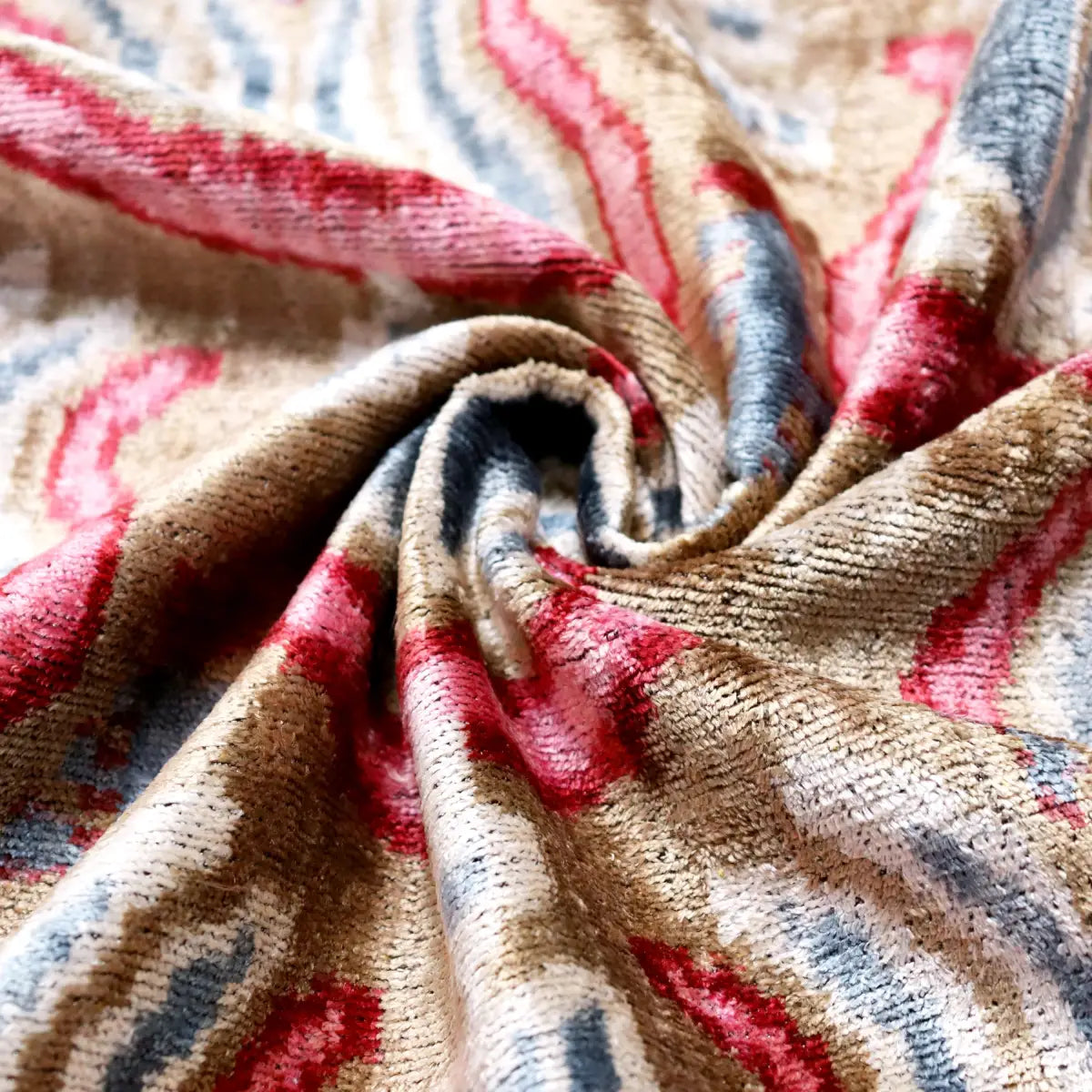 Taupe Blue Red Silk Velvet Pillow – 20x20 Handmade Ikat Luxury Cushion - Canvello