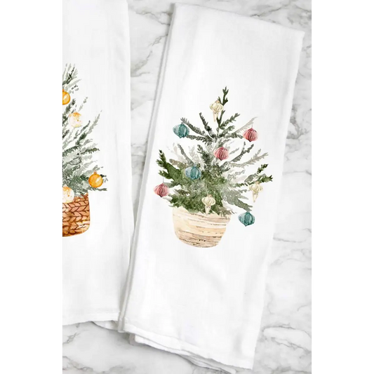 Tea Towel - Christmas Tree with Pink & Blue Ornaments - Peach Closet