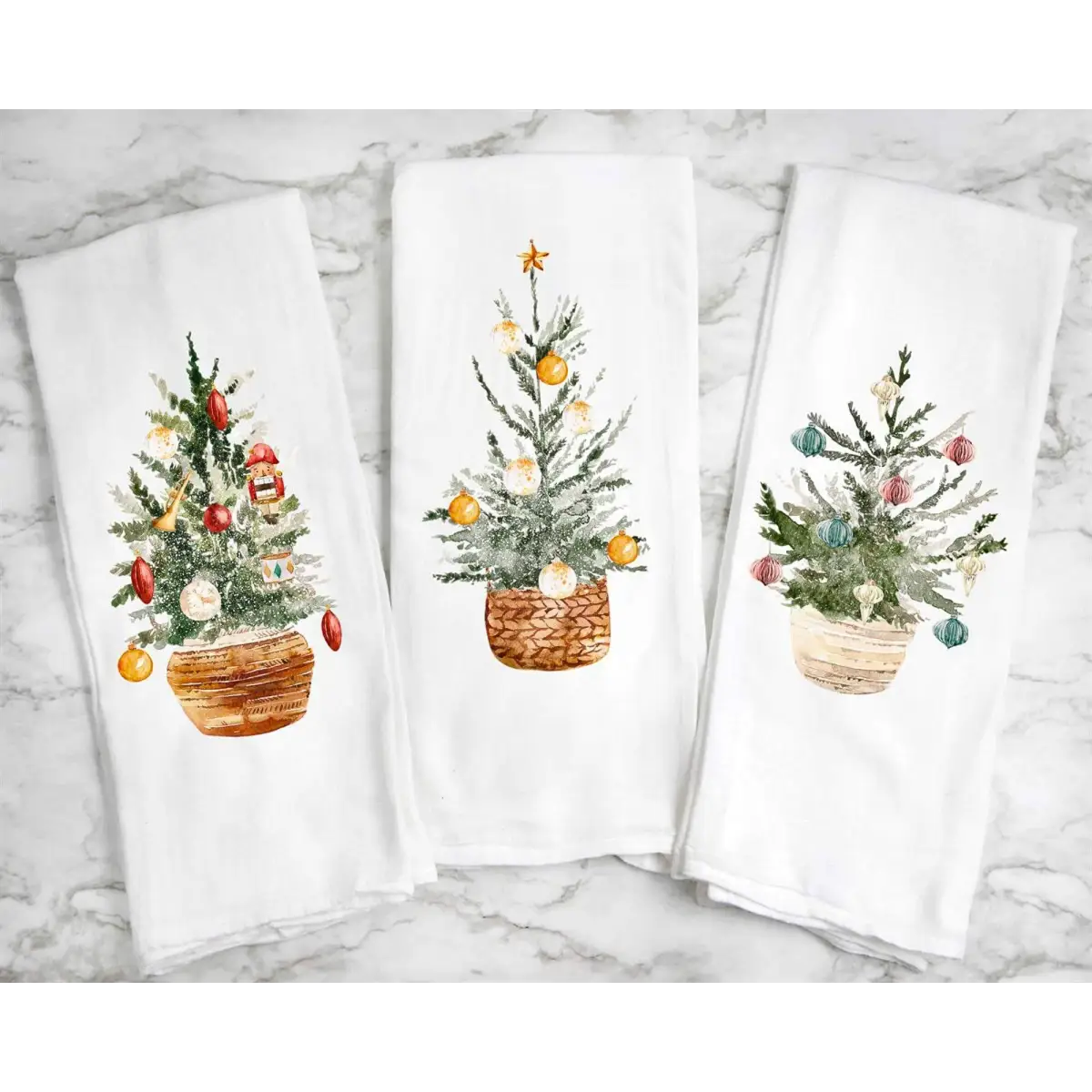 Tea Towel - Christmas Tree with Pink & Blue Ornaments - Peach Closet