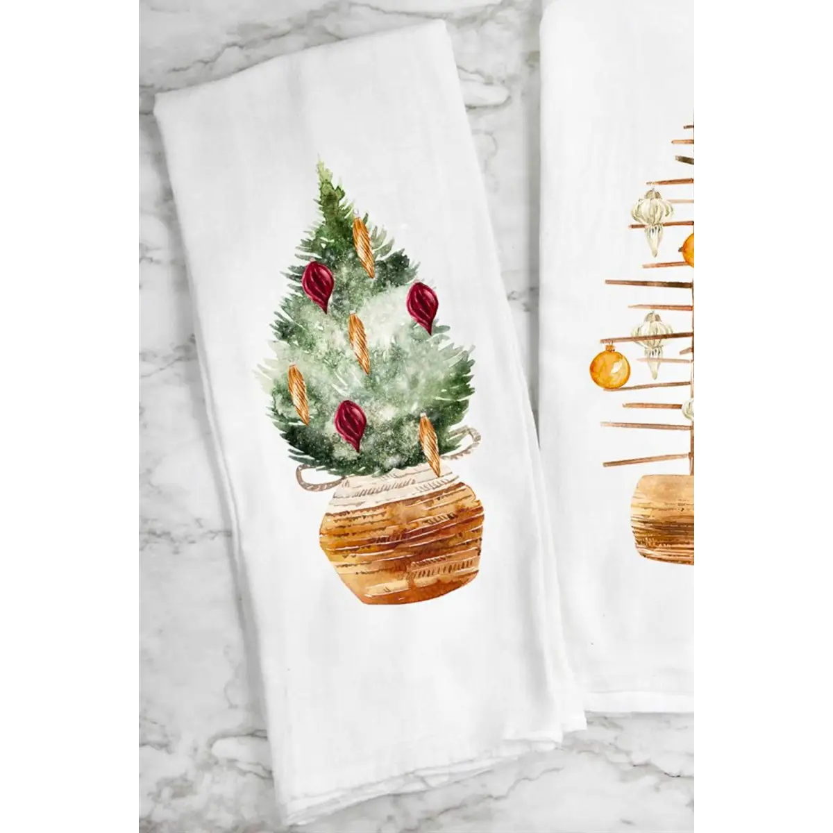 Tea Towel - Christmas Tree With Red & Gold Ornaments - Peach Closet