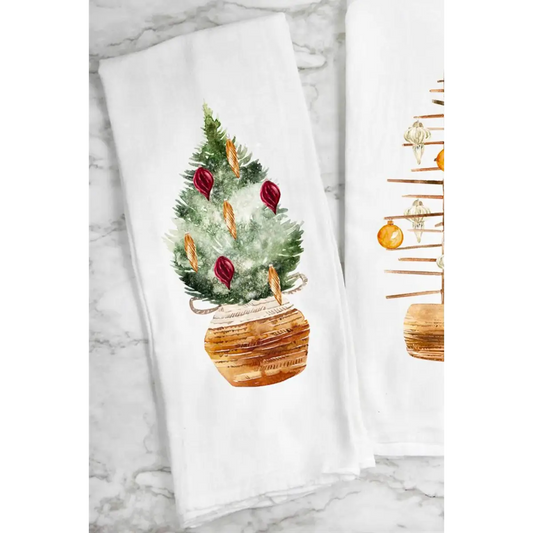 Tea Towel - Christmas Tree With Red & Gold Ornaments - Peach Closet
