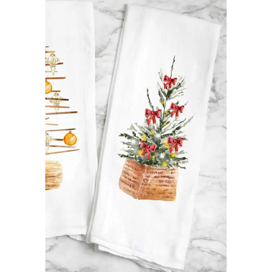 Tea Towel - Christmas Tree with Red Ribbons - Peach Closet