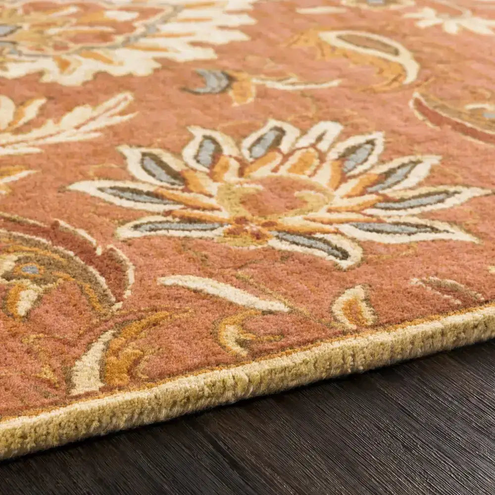 Terra Cotta Floral Wool Area Rug - 4’ Round - Boutique Rugs