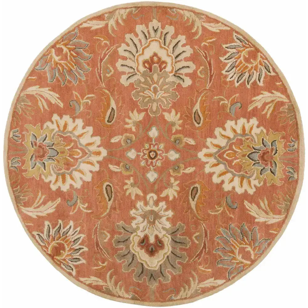 Terra Cotta Floral Wool Area Rug - 6’ Round - Boutique Rugs