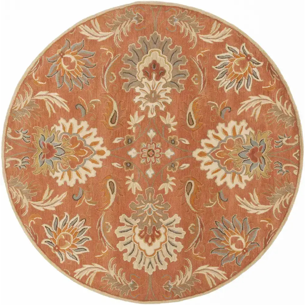 Terra Cotta Floral Wool Area Rug - 8’ Round - Boutique Rugs