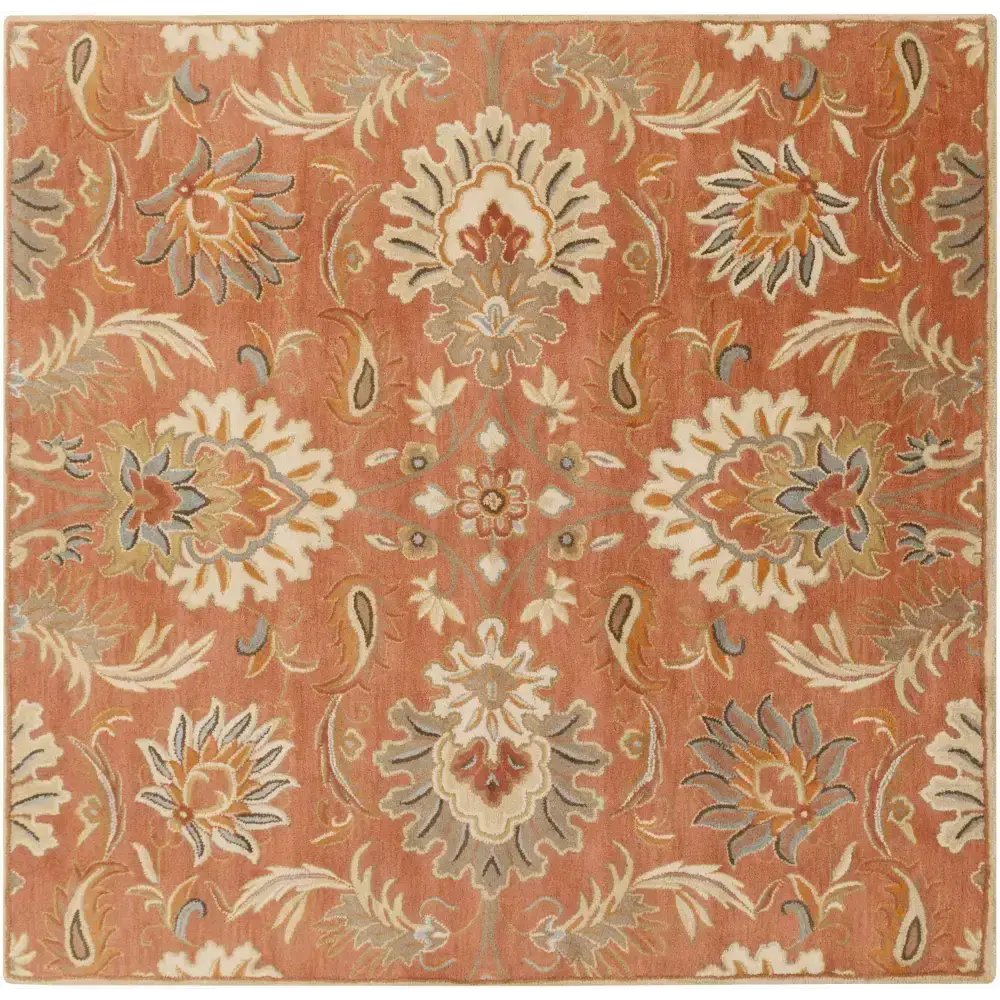 Terra Cotta Floral Wool Area Rug - 8’ Square - Boutique Rugs