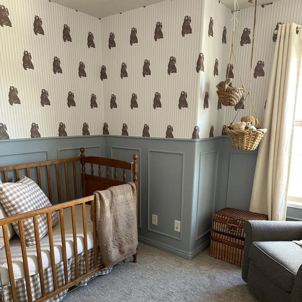 Theodore Wallpaper - Teddy Bears on Tiny Stripes - by Aubrey Fairchild - Loomwell Home Goods