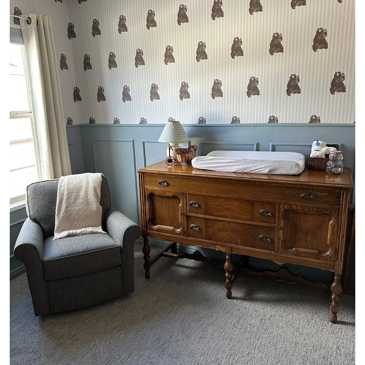 Theodore Wallpaper - Teddy Bears on Tiny Stripes - by Aubrey Fairchild - Loomwell Home Goods