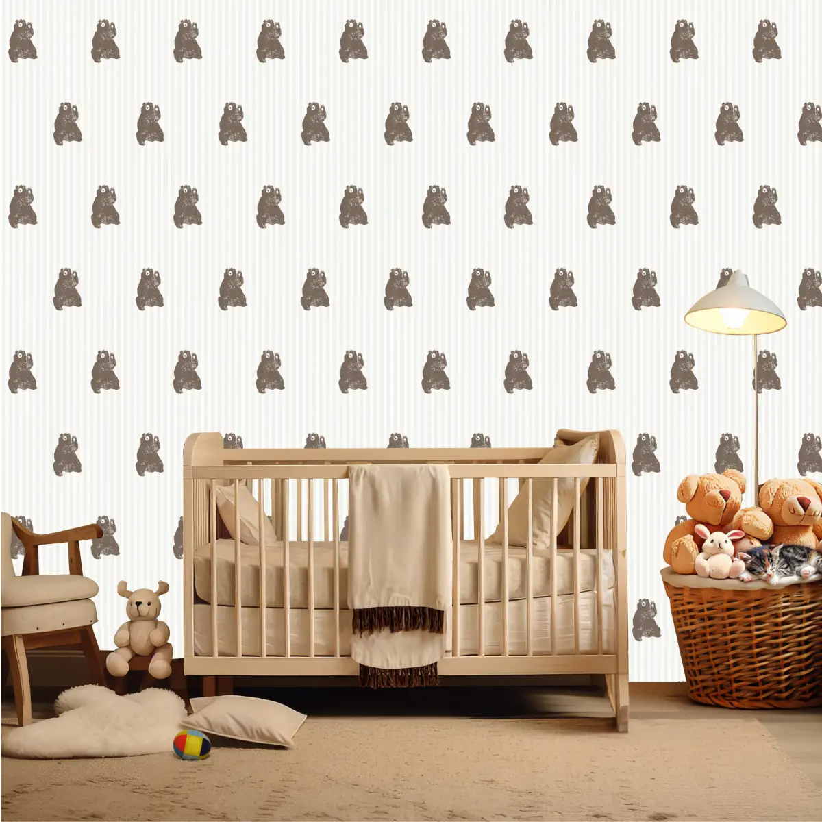 Theodore Wallpaper - Teddy Bears on Tiny Stripes - by Aubrey Fairchild - Loomwell Home Goods
