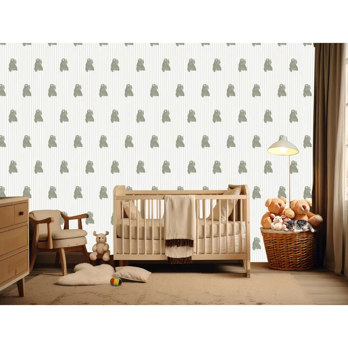 Theodore Wallpaper - Teddy Bears on Tiny Stripes - by Aubrey Fairchild - Loomwell Home Goods