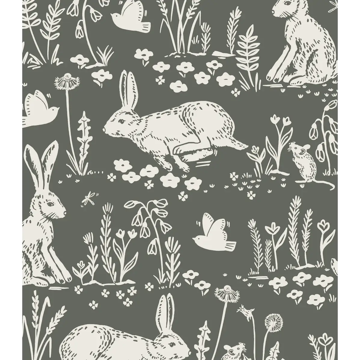 Thumper Rabbit Wallpaper - Wild Rabbits for Kids - by Hufton Studio - Sample 1 foot by 1 foot / Olive - Loomwell Home