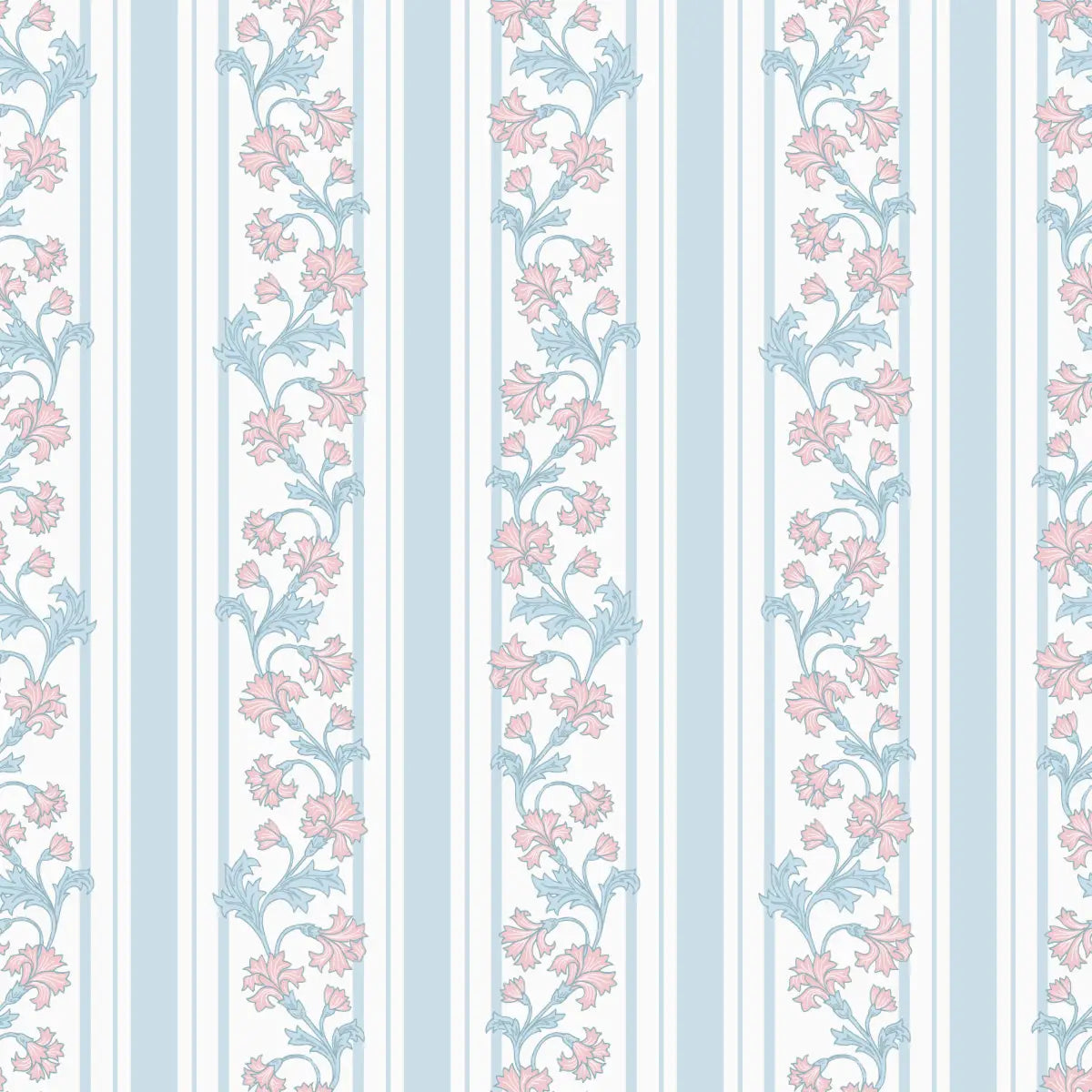 Tillie Wallpaper - Flowers and Stripes - by Anna Black Creative - Sample 1 foot by 1 foot / Light Blue and Pink
