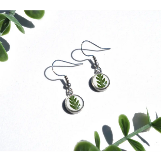 Tiny Fern Circle Earrings Pressed Flowers - My Beverly Jewelry