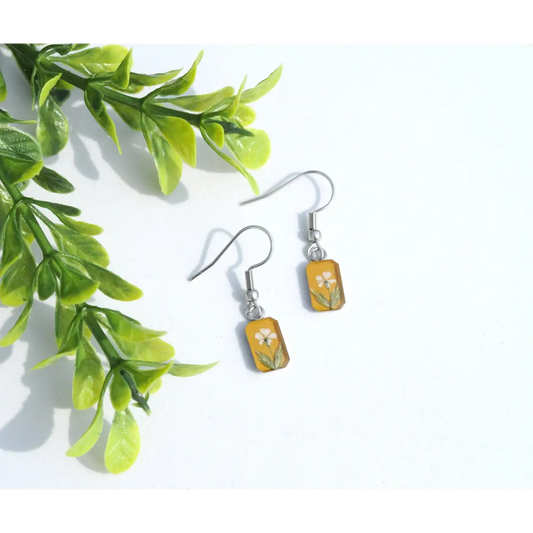 Tiny Flower Rectangle Earrings Pressed Flowers - Yellow - My Beverly Jewelry