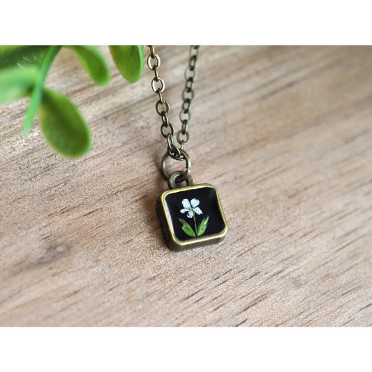 Tiny Flower Square Necklace Pressed Flowers - Black - My Beverly Jewelry