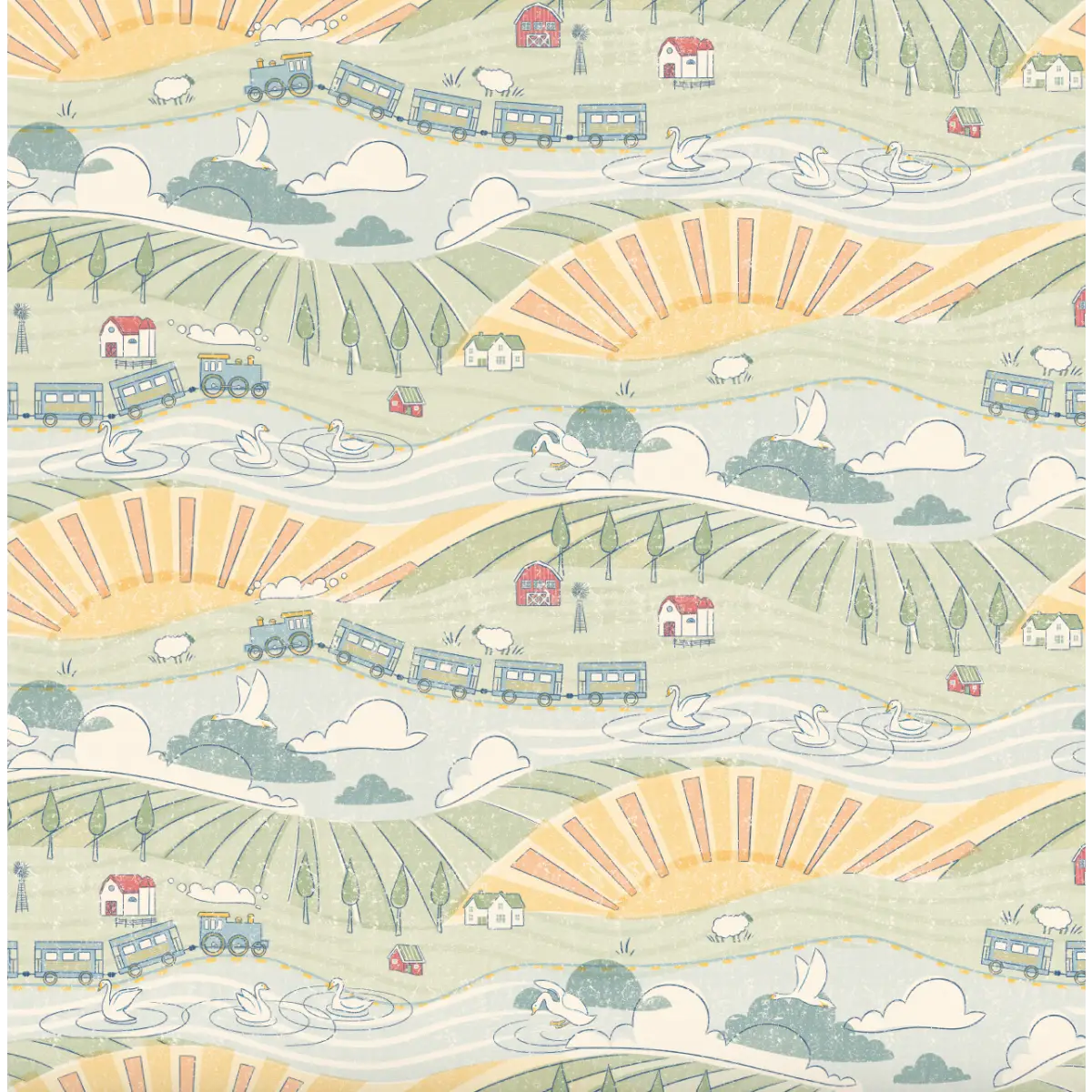 Tommy Wallpaper - Train Journey through the Farm - by House of Haricot - Sample 1 foot by 1 foot - Loomwell Home Goods
