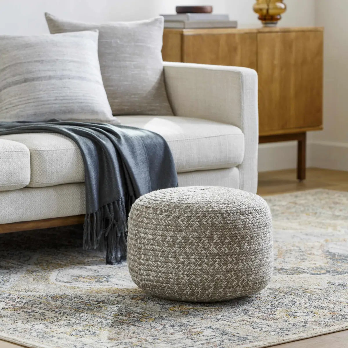 Tonanitla Natural Fiber Light Gray Knitted Pouf - 12’’H x 18’’W x 18’’D Cylinder - Boutique Rugs