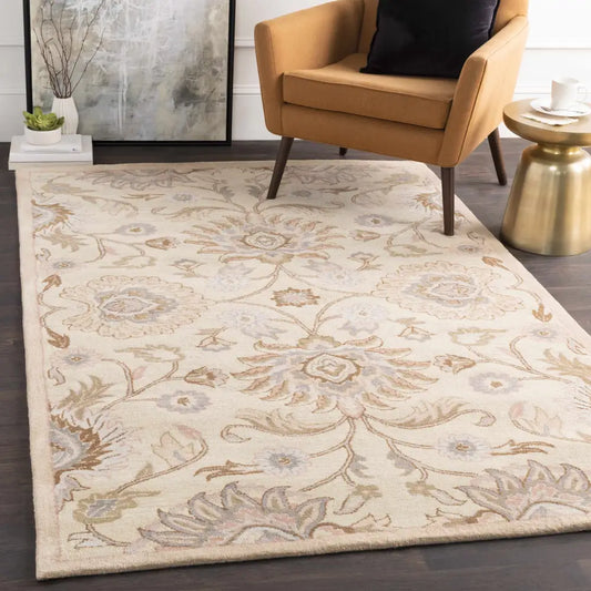Traditional Floral Ivory Wool Rug - Boutique Rugs