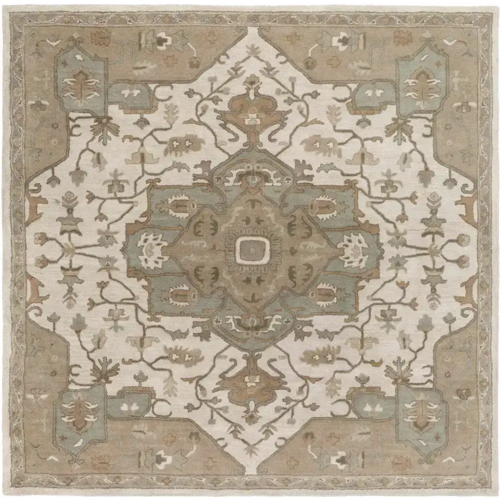 Traditional Medallion Tan Wool Area Rug - 8’ Square - Boutique Rugs