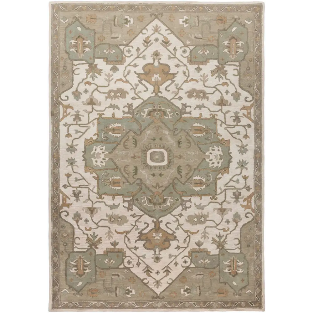 Traditional Medallion Tan Wool Area Rug - 8’ x 11’ Rectangle - Boutique Rugs