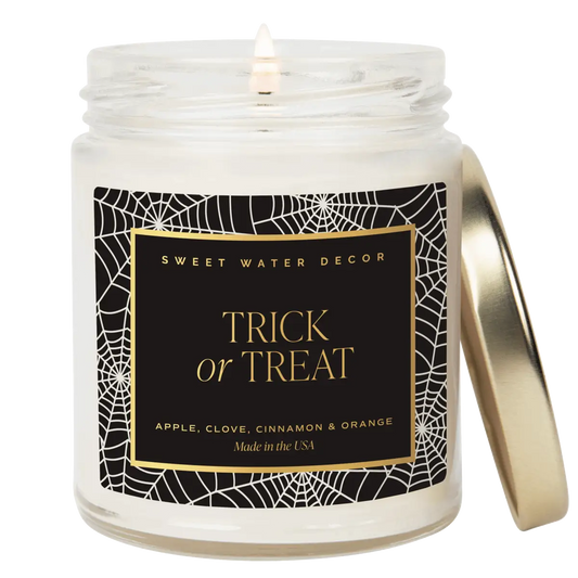 Trick or Treat Soy Candle - Patterned 9 oz - Clear Jar (Farmhouse) - Sweet Water Decor