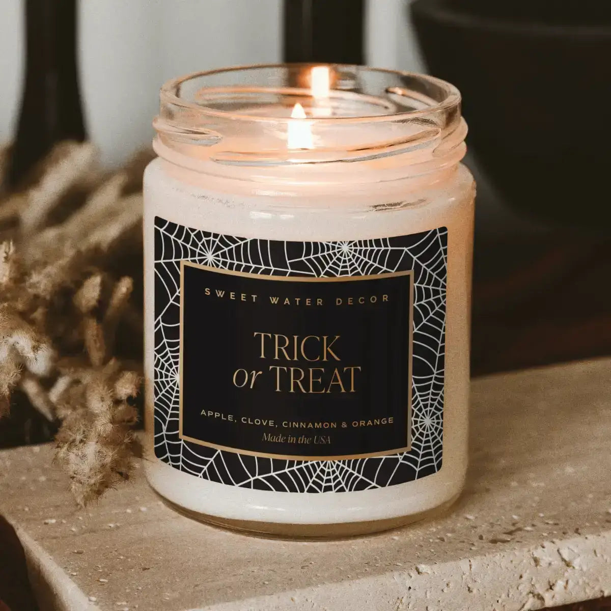 Trick or Treat Soy Candle - Patterned 9 oz - Clear Jar (Farmhouse) - Sweet Water Decor