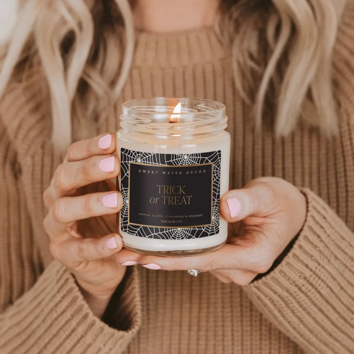Trick or Treat Soy Candle - Patterned 9 oz - Clear Jar (Farmhouse) - Sweet Water Decor