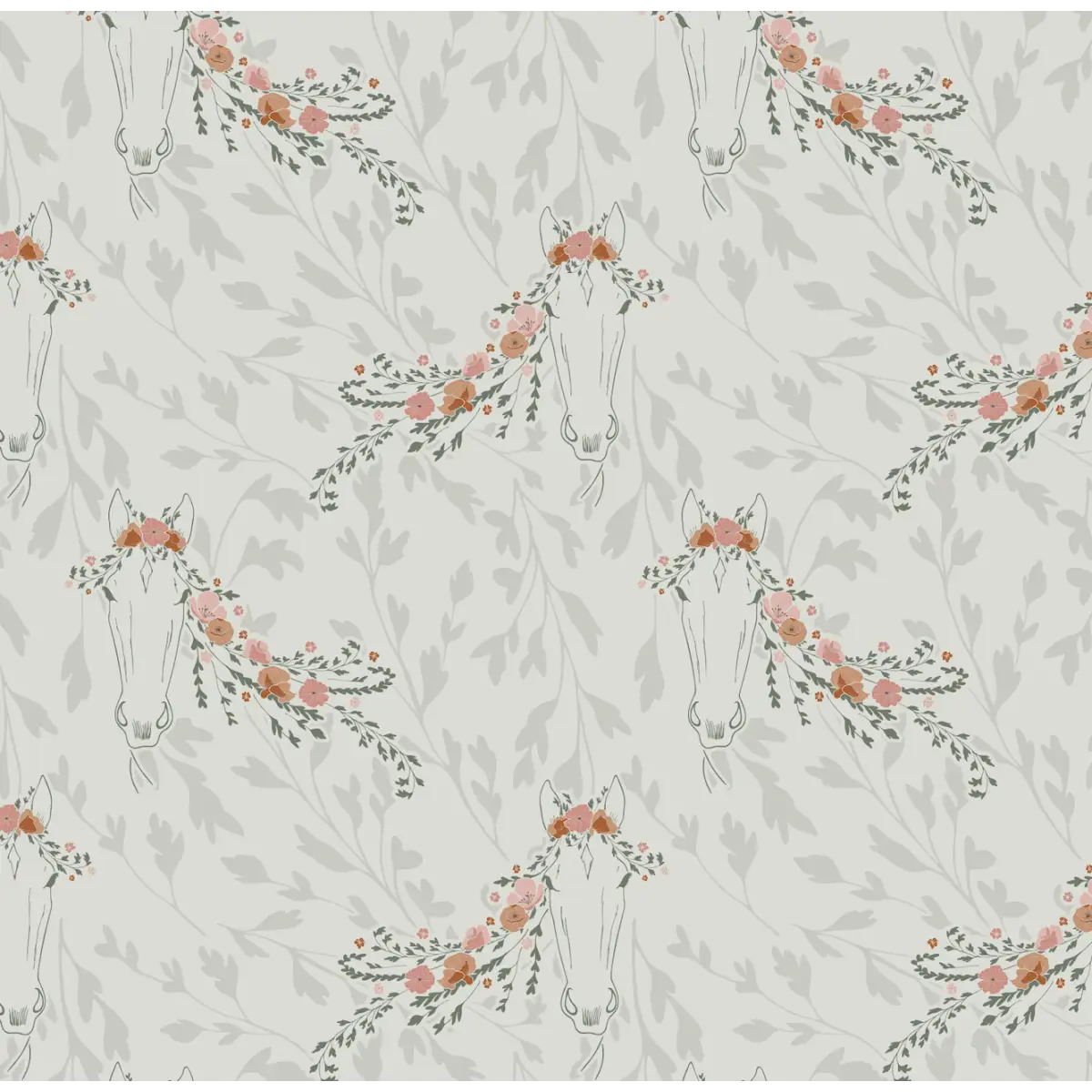 Trixie Wallpaper - Horses and Flowers - by Hearten Design - Sample 1 foot by 1 foot / Blue Gray - Loomwell Home Goods