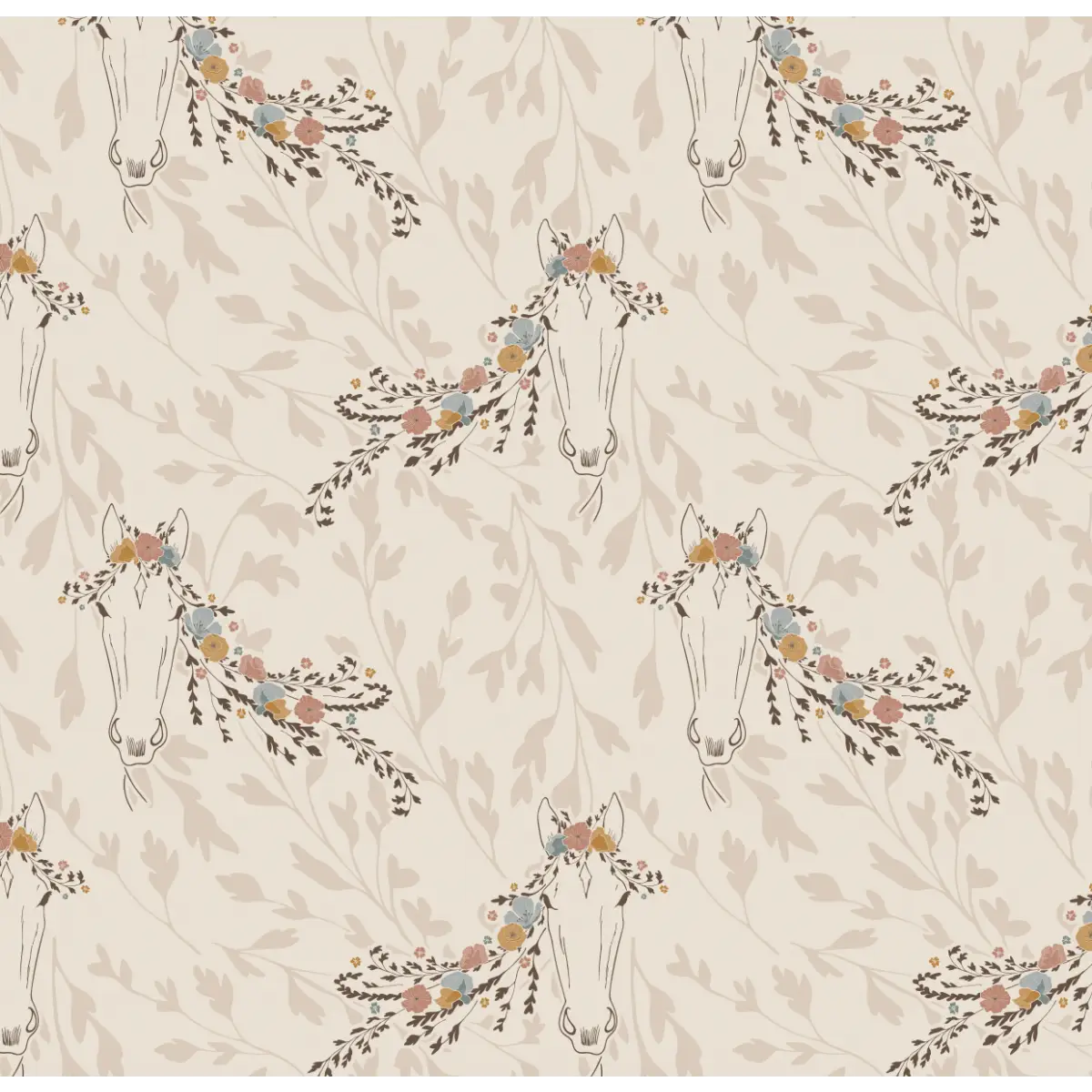 Trixie Wallpaper - Horses and Flowers - by Hearten Design - Sample 1 foot by 1 foot / Neutral - Loomwell Home Goods