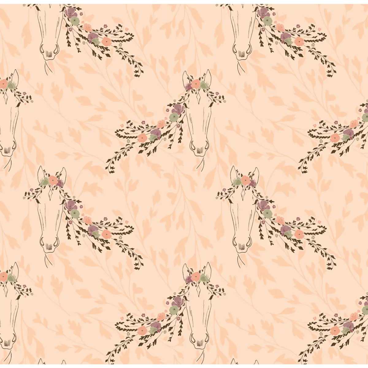 Trixie Wallpaper - Horses and Flowers - by Hearten Design - Sample 1 foot by 1 foot / Peach - Loomwell Home Goods