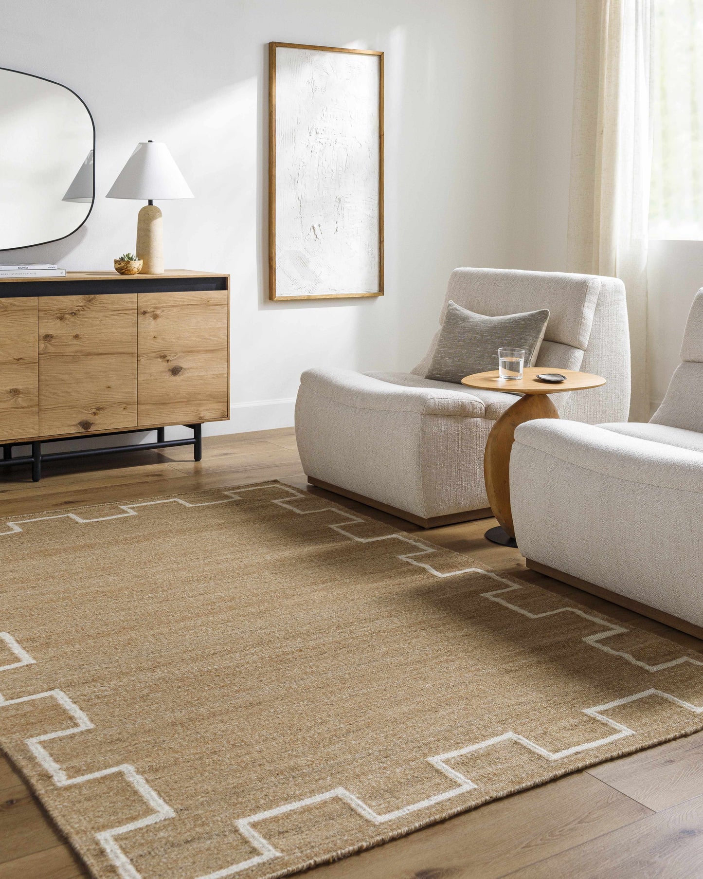 Tan Wool Area Rug with Geometric Border - Boutique Rugs