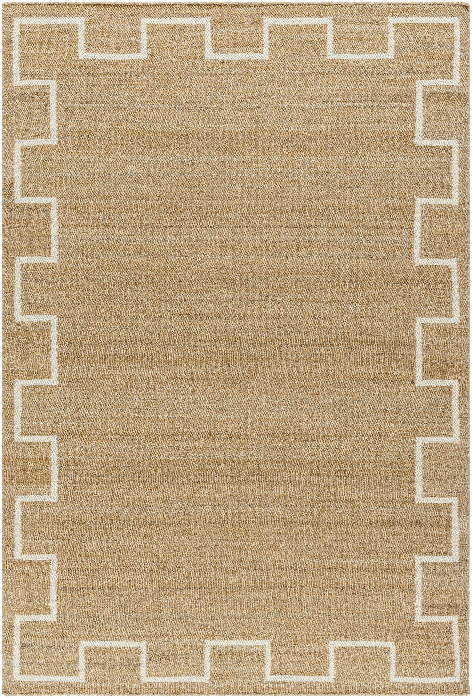 Tan Wool Area Rug with Geometric Border - Boutique Rugs