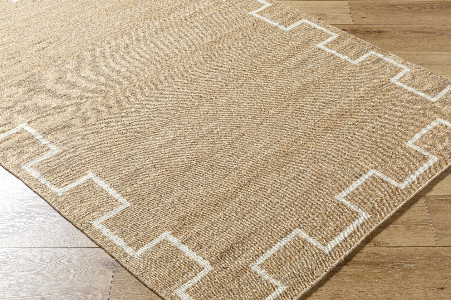 Tan Wool Area Rug with Geometric Border - Boutique Rugs