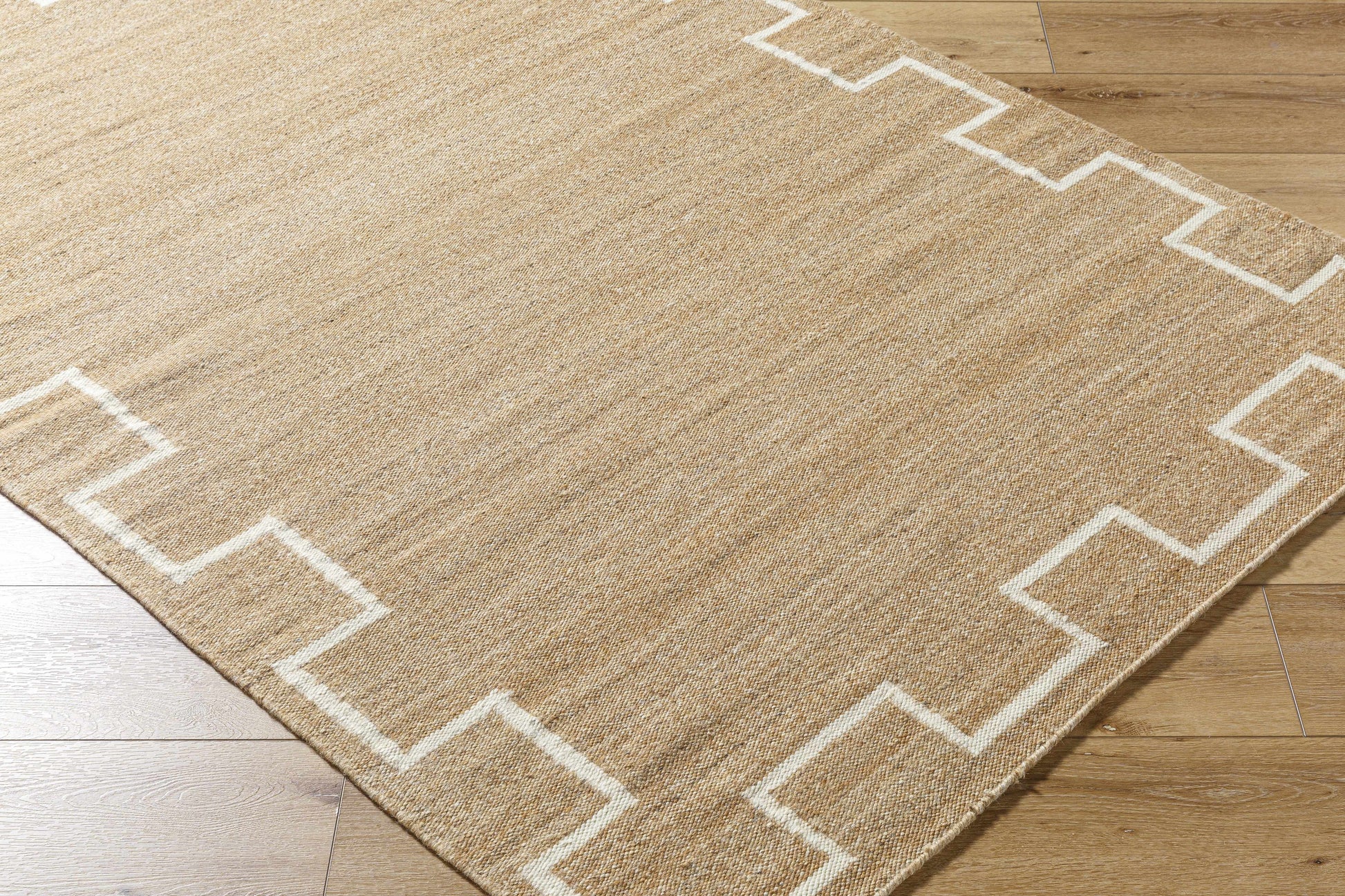 Tan Wool Area Rug with Geometric Border - Boutique Rugs