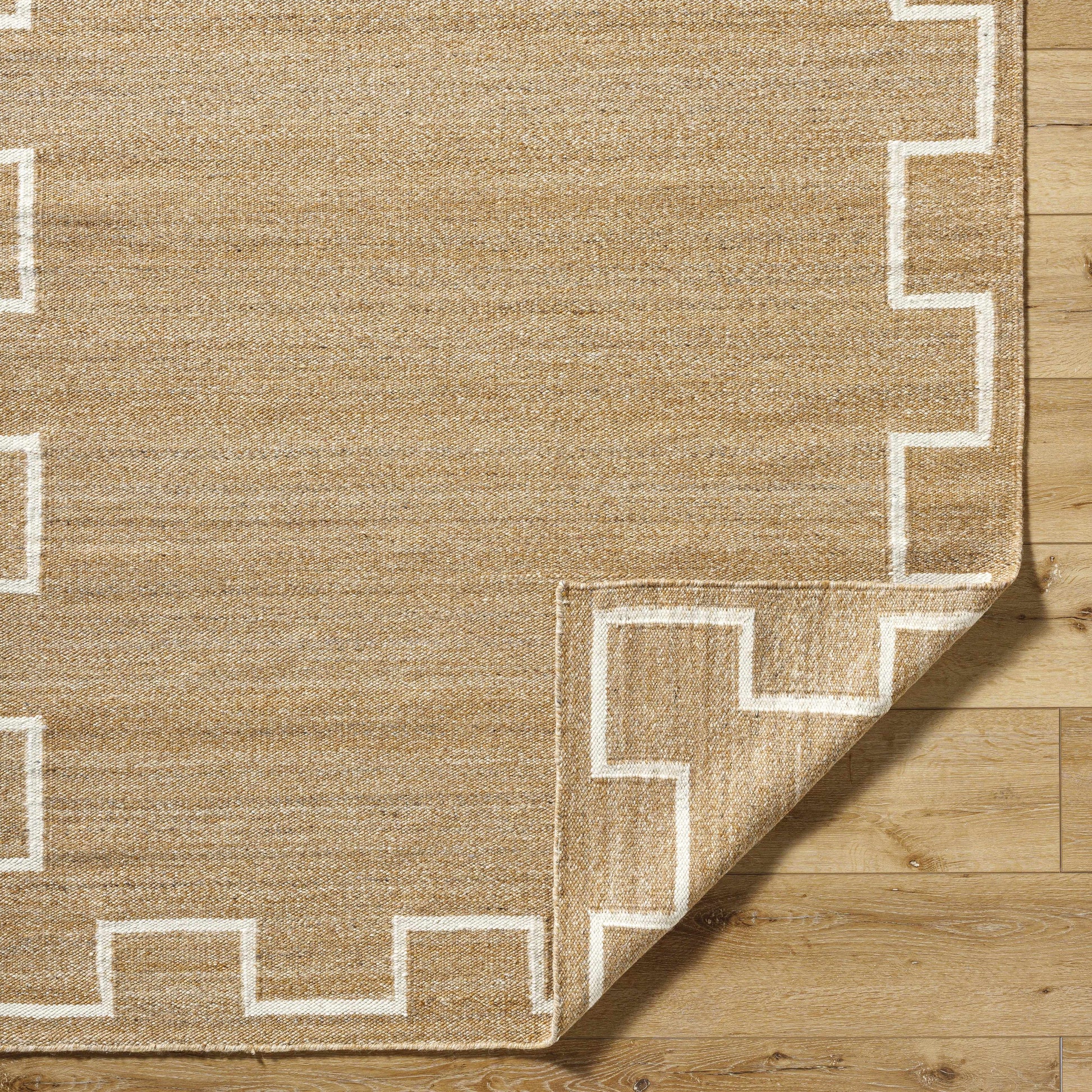 Tan Wool Area Rug with Geometric Border - Boutique Rugs