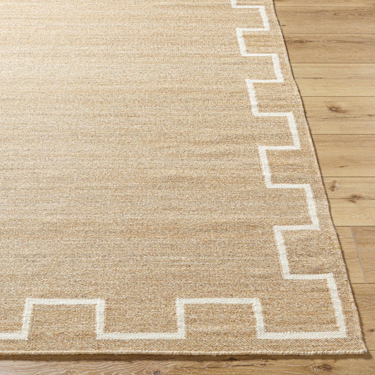 Tan Wool Area Rug with Geometric Border - Boutique Rugs