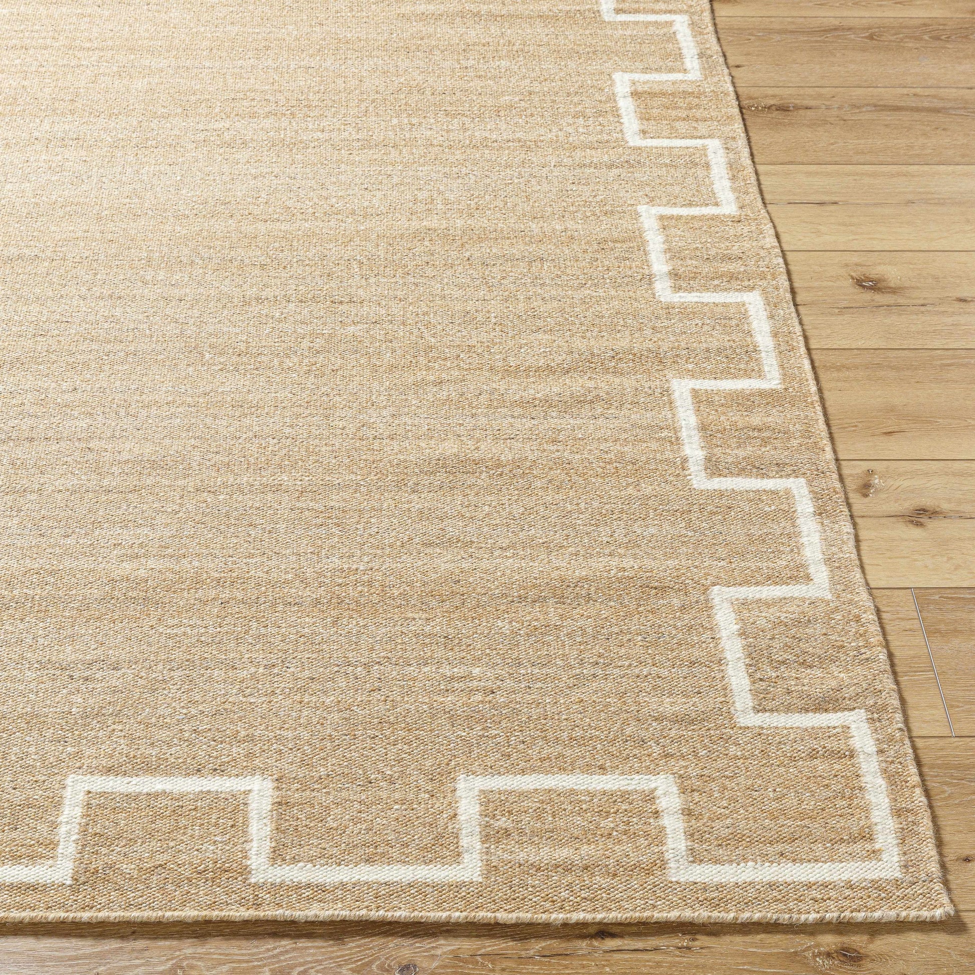 Tan Wool Area Rug with Geometric Border - Boutique Rugs