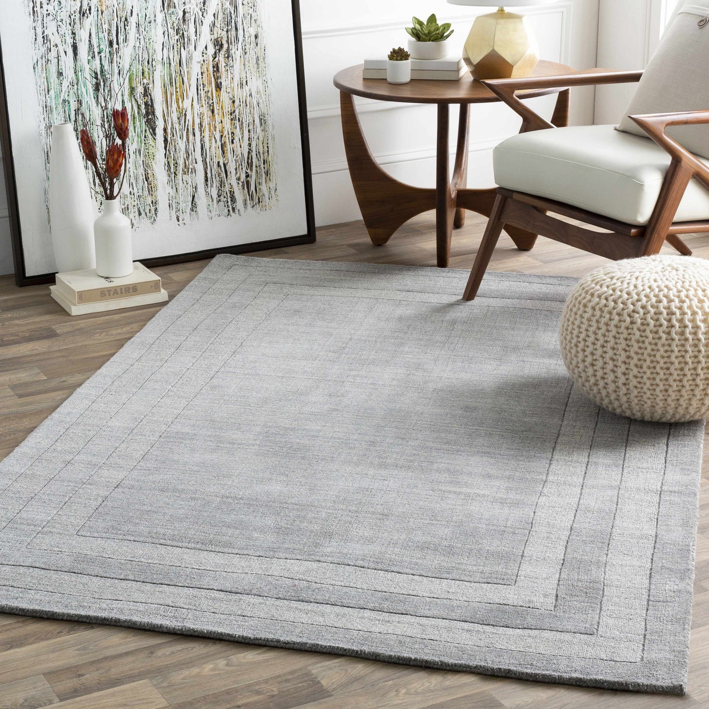 Gray Wool Blend Area Rug with Border - Boutique Rugs