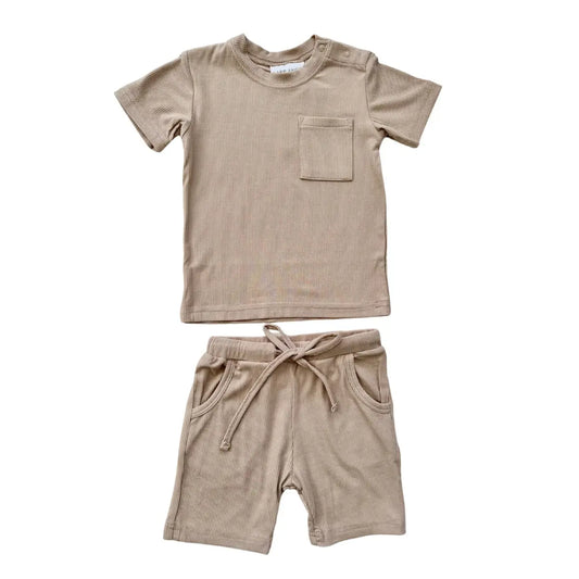 Two-Piece Ribbed Short Set - Tan - Harp Angel Boutique